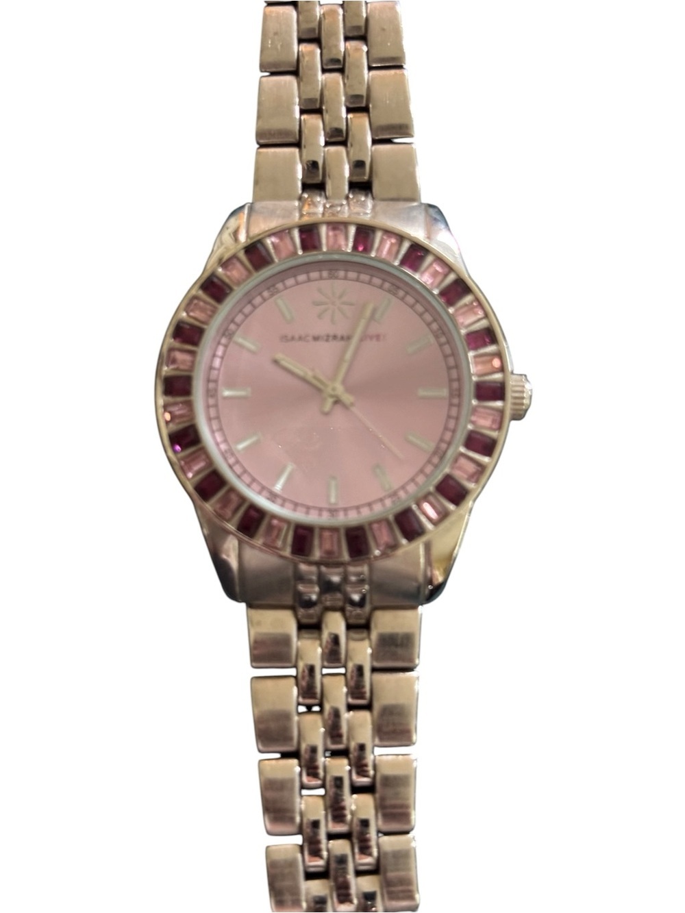 Issac Mizrahi Live Stainless Steel Chain Link Watch Rhinestone Embellished Face